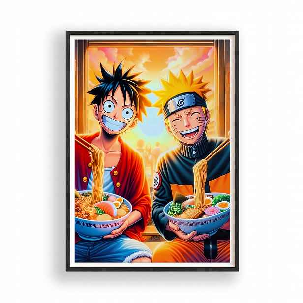 Obraz Naruto Luffy Anime Ramen Plakát Rámeček Dřevěný Černý 30x42 cm