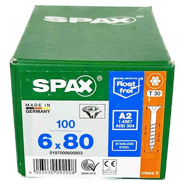 Nerezové vruty 6x80 mm, vruty do dřeva 100 ks, Ocel A2 Spax
