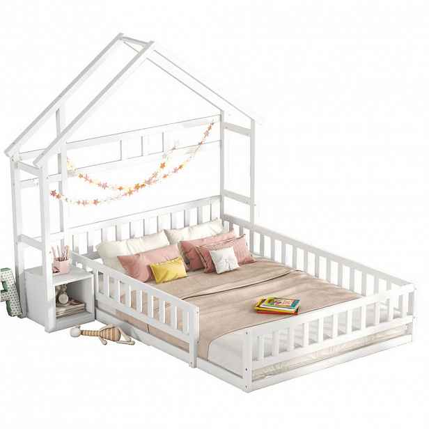 OKWISH DĚTSKÁ postel 140/200 cm bílá z borovice s nočním stolkem a zábradlím