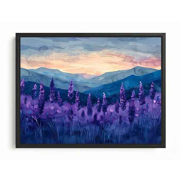 Obraz Rám Americký Box Levandule Hory Západ Slunce Fialový Akvarel 80x60