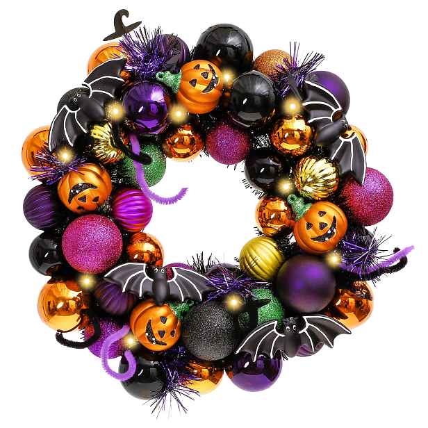 Halloweenský Věnec Na Dveře 30 CM Led 2 Režimy Čarodějnice Pavouci Koule