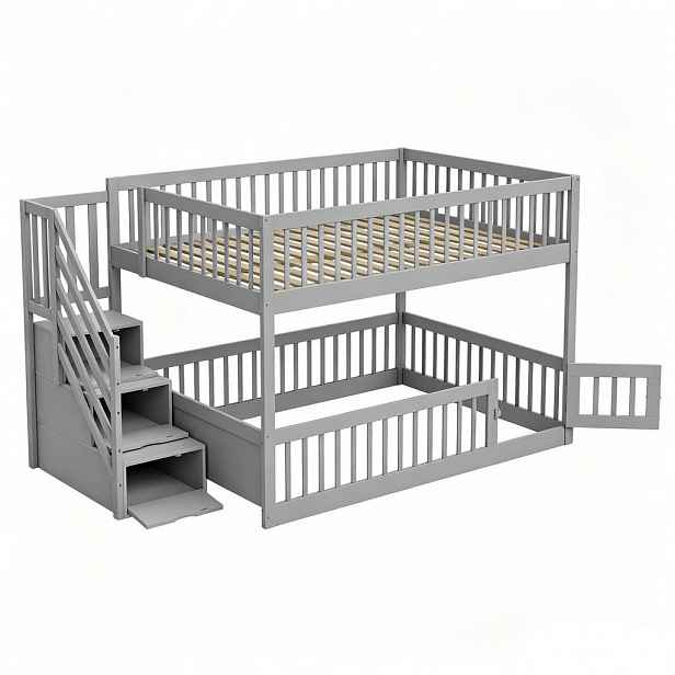 OKWISH PATROVÁ postel 140/200 cm šedá z masivního dřeva s úložným schodištěm a dvířky