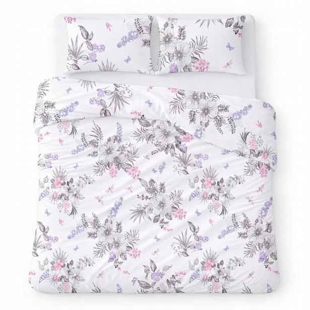 Povlečení bavlněné 160x200 bílé s šedofialovými květy Cotton Home