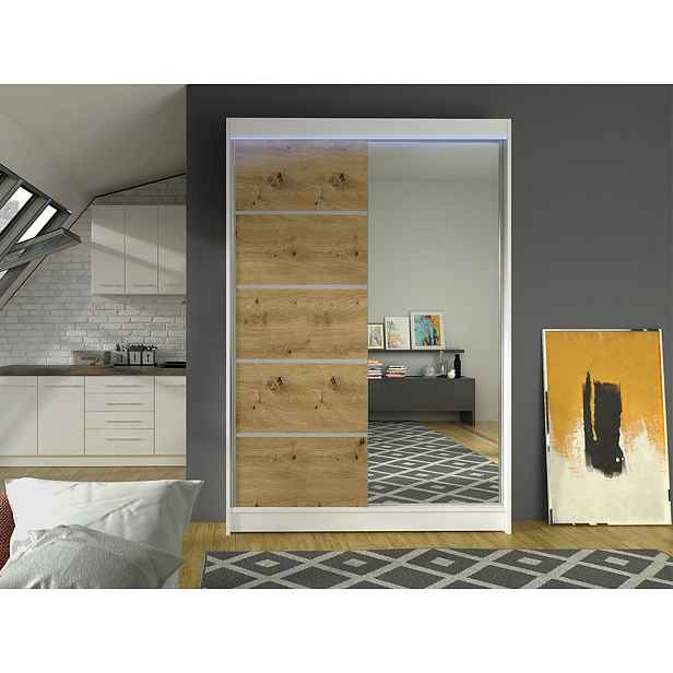 Šatní skříň 120 cm se zrcadlem a LED RGB osvětlením SAMANRE 3 - 120 cm, bílá / dub artisa