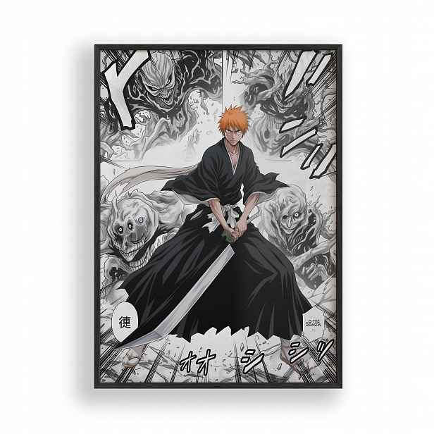 Obraz Bleach Ichigo Kurosaki Manga Plakát Rámeček Dřevěný Černý 30x42 cm