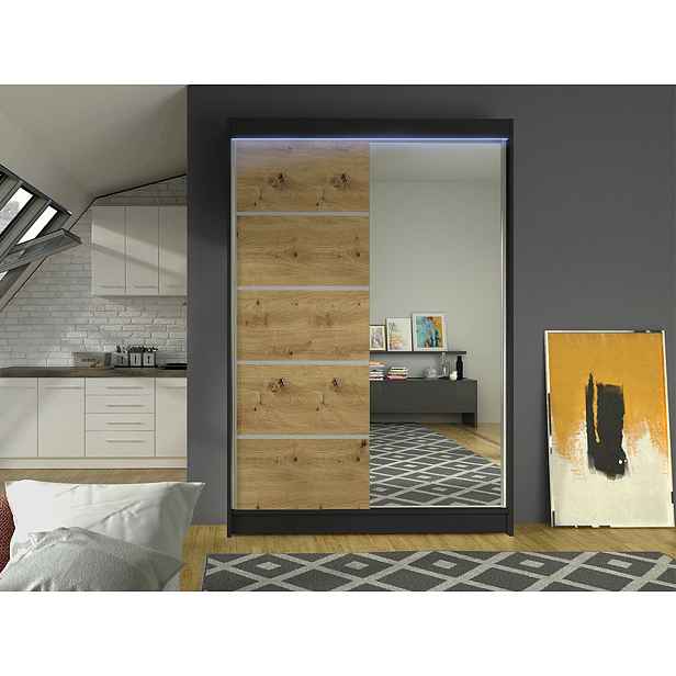 Šatní skříň 120 cm s LED RGB osvětlením SAMANRE 3 - černá / dub artisan