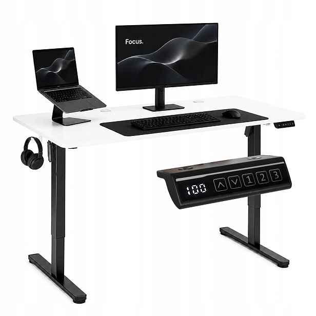 Elektrický psací stůl 120x60 cm, výškově nastavitelný 72–118 cm, bílý
