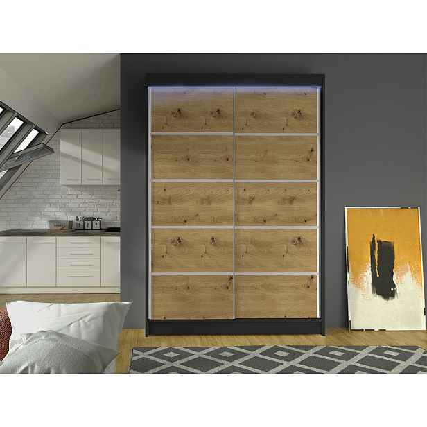 Posuvná šatní skříň 120 cm s LED RGB osvětlením SAMANRE 4 - černá / dub artisan