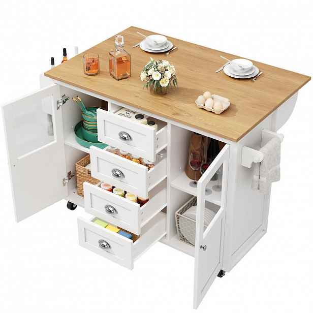 Redom KUCHYŇSKÝ ostrůvek 137,9/73/92,5 cm s klopnou deskou, úložným prostorem, kolečky a držákem na utěrky, Bílá
