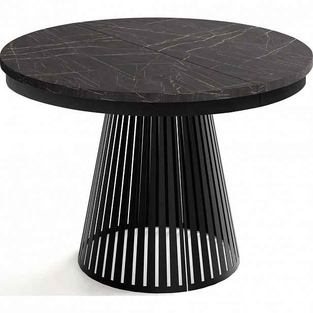 WFL GROUP JÍDELNÍ STŮL Naro Kulatý Rozkládací Industriální s Černou Lamelovou Podnoží, Černá mramor 120-196/120/76 cm