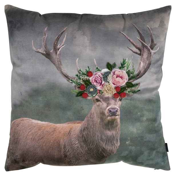 Šedý sametový polštář s jelenem a květy Fleury Deer - 45*45*10cm Mars & More