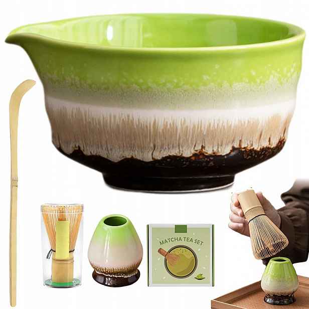 Keramická čajová miska Matcha 6 Částečná zelená s lžičkou