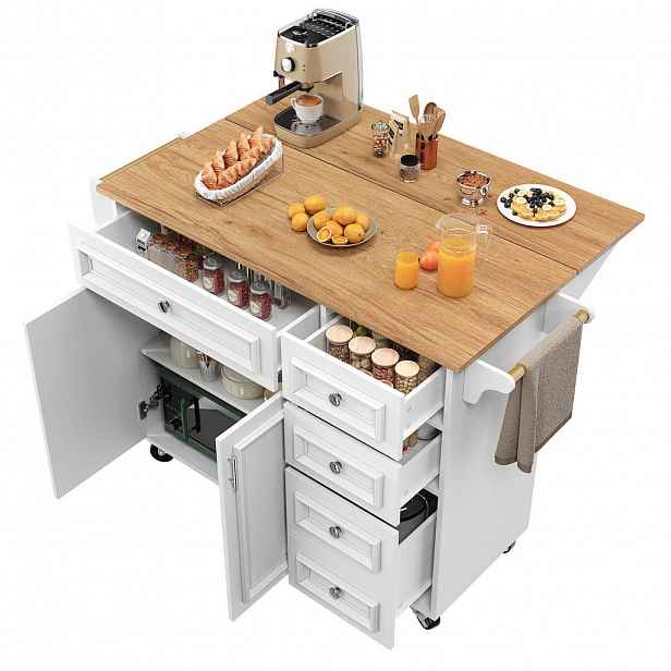 OKWISH KUCHYŇSKÝ ostrůvek 110/75/92 cm bílý z MDF s výklopnou deskou a úložným prostorem