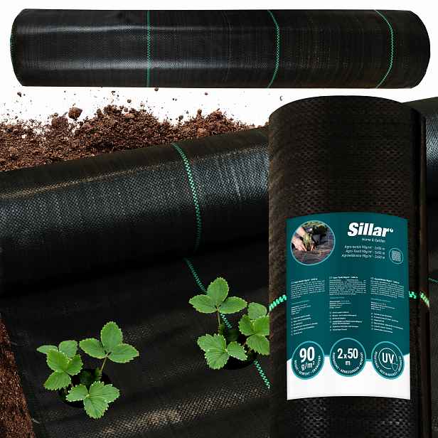 Silná agrotextilie proti plevelům Sillar černá Uv zahradní rohož 90 g/m2 2x50 m