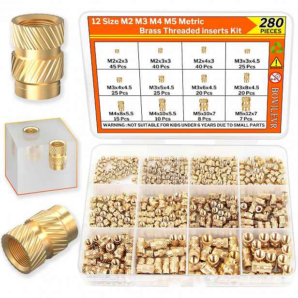 TEMU 280 ks sada tepelně zasazených závitových vložek - M2 M3 M4 M5 mosazné rýhované matice pro 3D tisk, plast, PLA, ABS, PETG, PP, PPS materiály