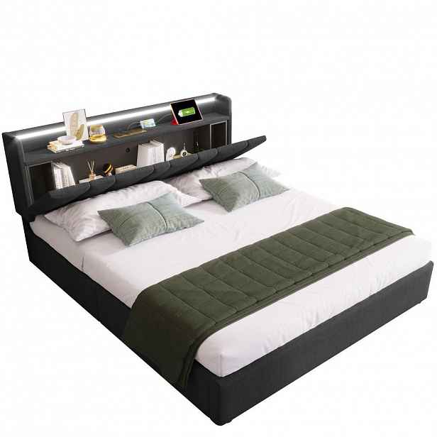OKWISH ČALOUNĚNÁ postel 160x200 cm šedá z lnu s úložným čelem, LED a USB
