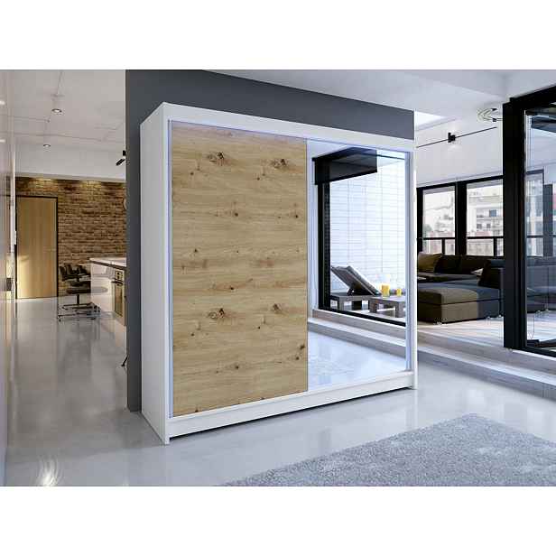 Šatní skříň 180 cm se zrcadlem a LED RGB osvětlením VILMA 1 - bílá / dub artisan