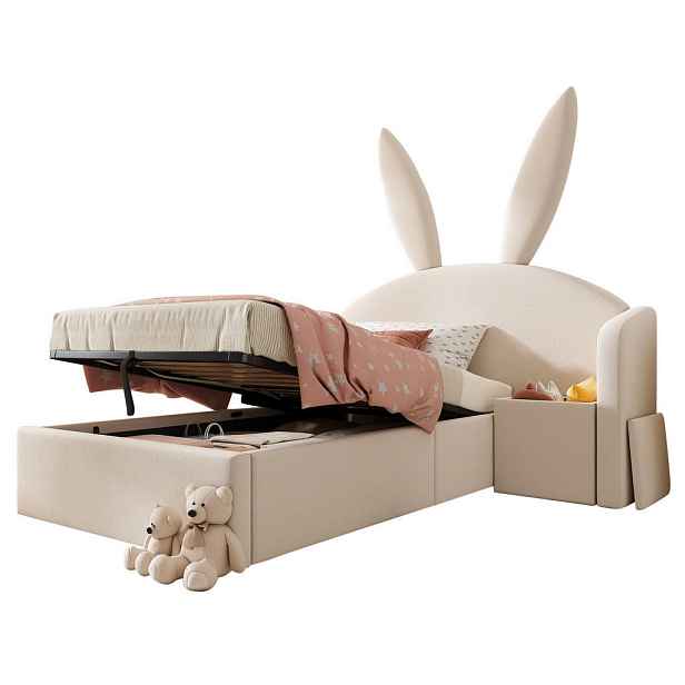Modenvie DĚTSKÁ postýlka ze sametu, 90/190 cm béžová, s úložným prostorem a nočním stolkem