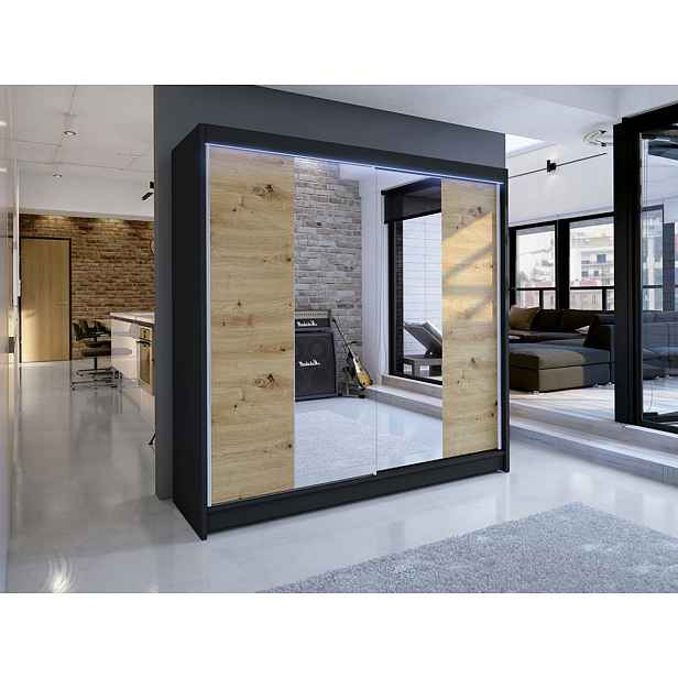 Šatní skříň 180 cm se zrcadlem a LED RGB osvětlením VILMA 2 - černá / dub artisan