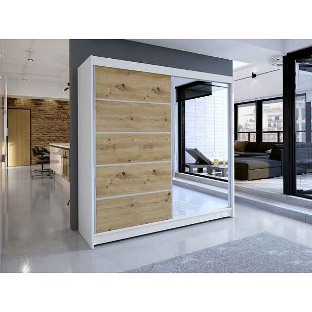 Šatní skříň 180 cm se zrcadlem a LED RGB osvětlením VILMA 3 - bílá / dub artisan
