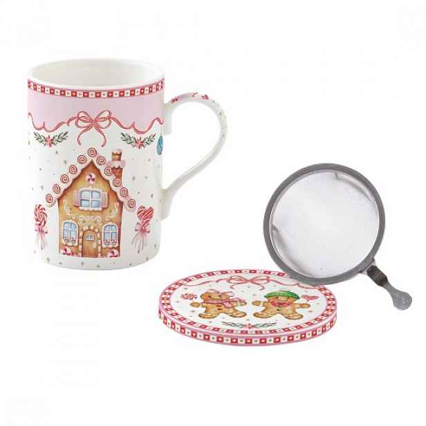 Porcelánový hrnek, 350ml, s víčkem a nálevníkem, "Sweet Christmas" - E
