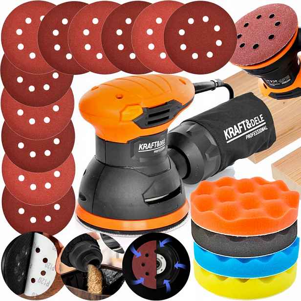 Excentrická Oscilační Bruska Na Kovové Dřevo 125 mm Papíry Houbičky XXL