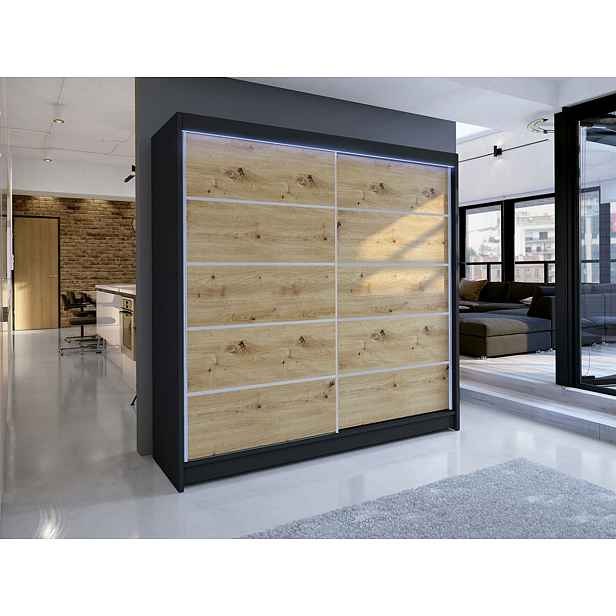 Šatní skříň 180 cm s posuvnými dveřmi a LED RGB osvětlením VILMA 4 - černá / dub artisan