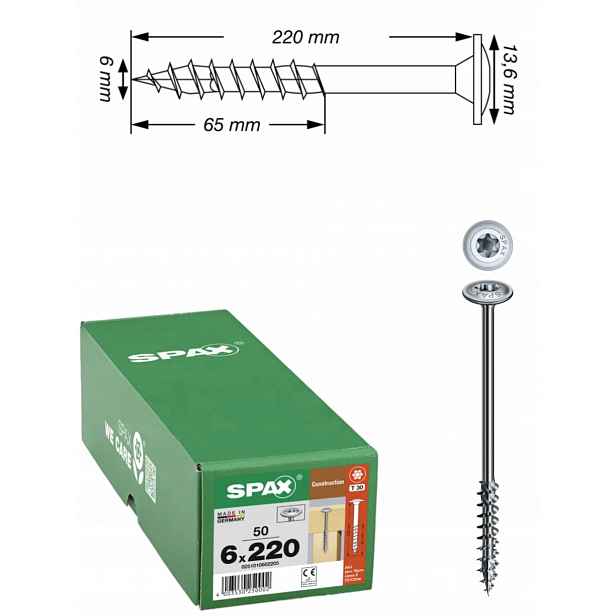 Univerzální vruty Wirox pro dřevěné konstrukce Spax 6 x 220 mm 50 ks