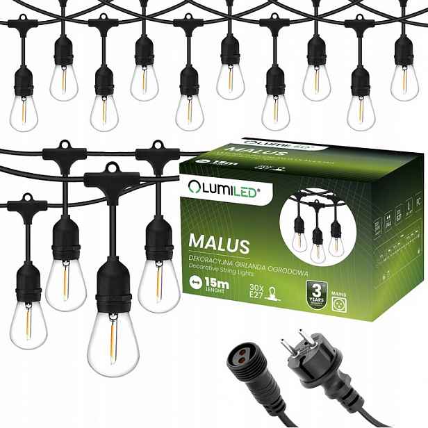 Venkovní zahradní girlanda Světelný Řetěz 15 m 30 Led E27 Žárovky