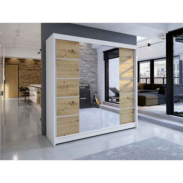 Šatní skříň 180 cm se zrcadlem a LED RGB osvětlením VILMA 5 - bílá / dub artisan