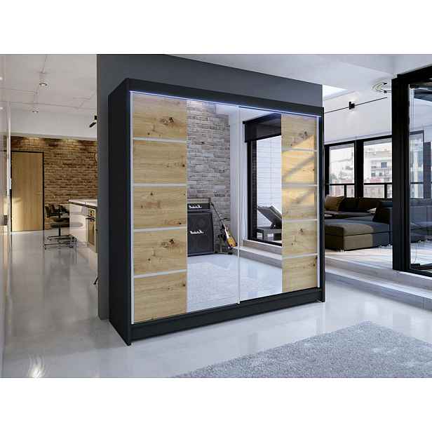 Šatní skříň 180 cm se zrcadlem a LED RGB osvětlením VILMA 5 - černá / dub artisan