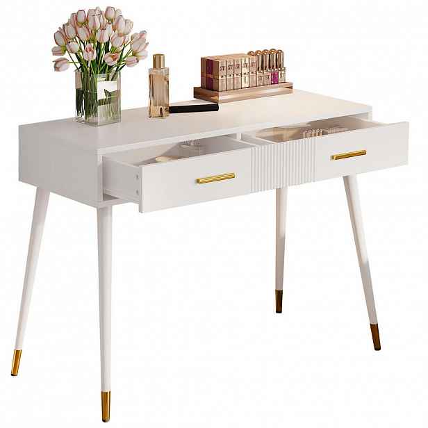 OKWISH TOALETNÍ stolek 100/40/76 cm bílý z MDF s dvěma zásuvkami a kovovými nohami