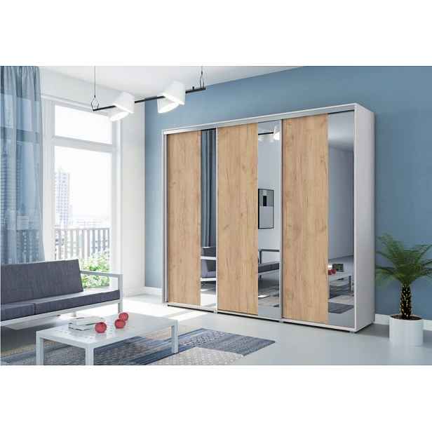 Třídveřová zrcadlová šatní skříň 250 cm MARCO - bílá / dub craft zlatý