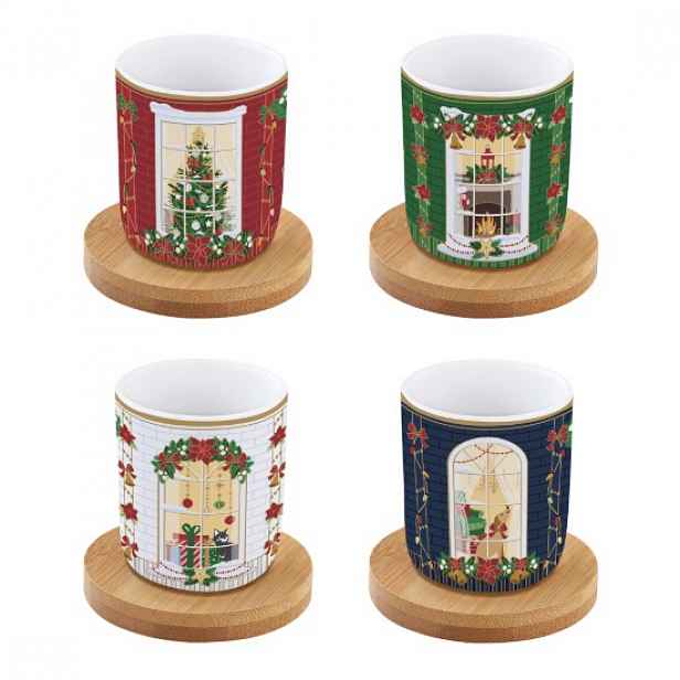 Sada 4 porcelánových šálků, 110 ml, s bambusovými podšálky, "Festive A