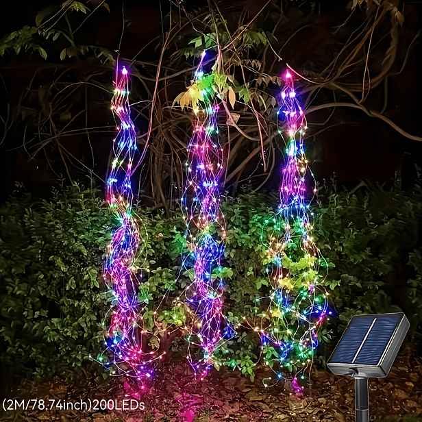 TEMU Nová solární lithiová baterie, zahradní vodopádová lampa, venkovní světlo Ponytail, 8 režimů blikání, 100/200 ks LED diod, měkké řetězové světlo