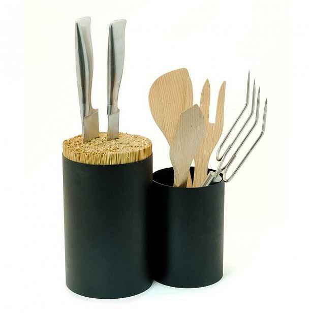 Černý blok na nože a kuchyňské náčiní z bambusového dřeva Wireworks Knife&Spoon