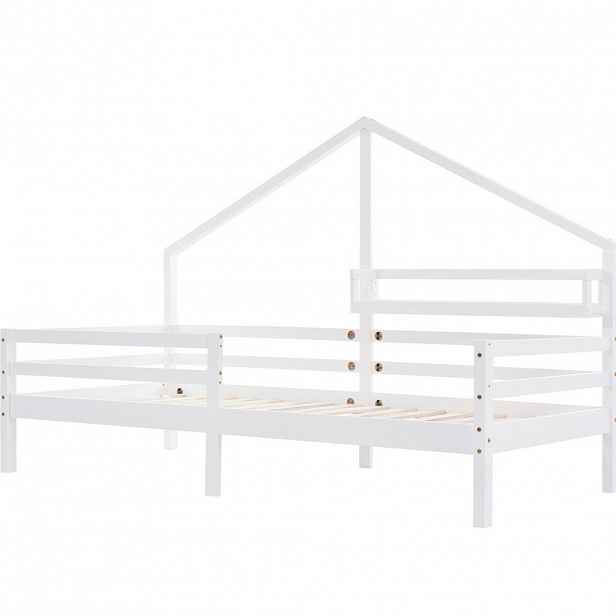 OKWISH DOMEČKOVÁ dětská postel 90/200 cm bílá z borovice s policí a zábranou