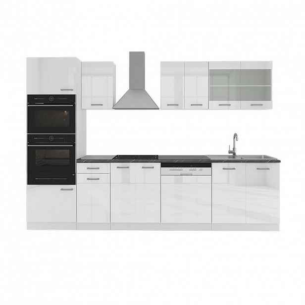 Vicco KUCHYŇSKÝ KOUT R-Line Bílá vysoký lesk 300 cm s vysokou skříní, PD Antracit