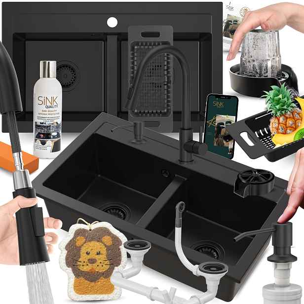 Granitový Dřez Černý Dvoukomorový Set S Kuchyňskou Baterií Dávkovač
