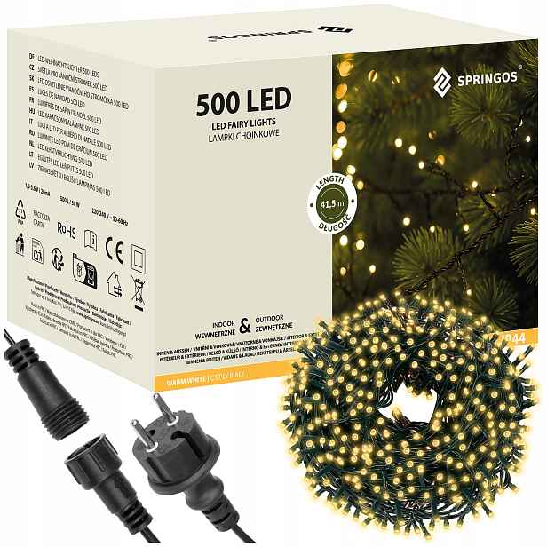 Vánoční Osvětlení Na Stromeček 500 Led Venkovní Silné Stálé Světlo 41,5 m Bílé Teplé