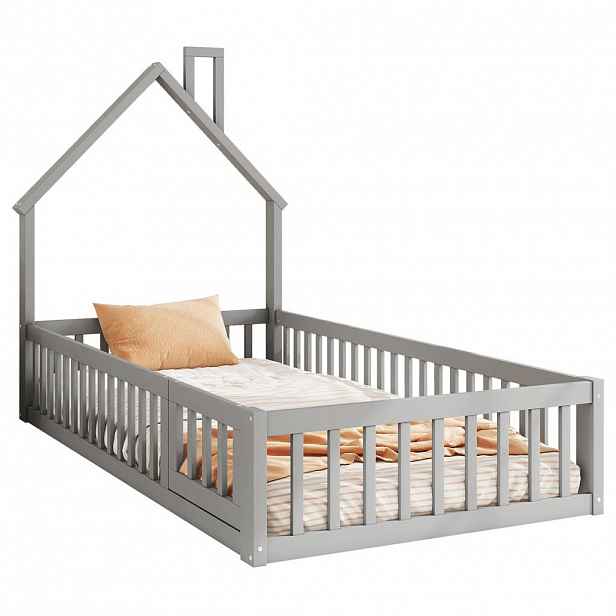 OKWISH DĚTSKÁ postel 90/200 cm šedá z borovice a MDF s komínovým designem a bezpečnostním zábradlím