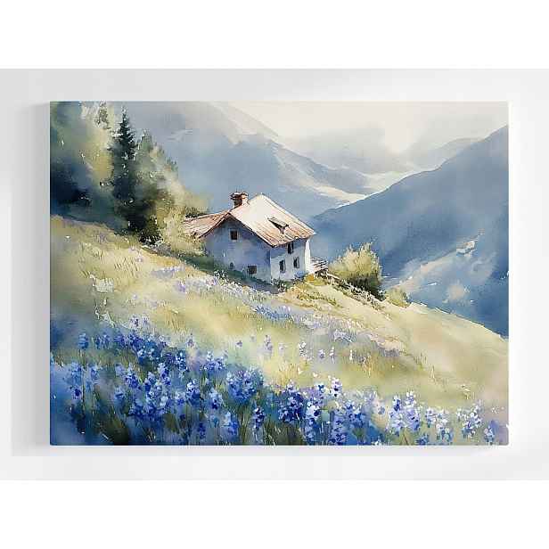 Plakát Krajina Hory Domek Terasa Pohled Na Louku Květiny 100x75