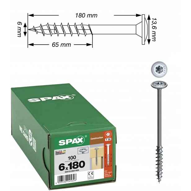 Univerzální vruty Wirox pro dřevěné konstrukce Spax 6 x 180 mm 100 ks