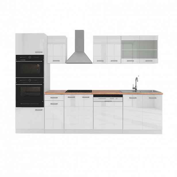 Vicco KUCHYŇSKÝ KOUT R-Line Bílá vysoký lesk 300 cm s vysokou skříní, PD Dub
