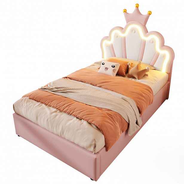 OKWISH ČALOUNĚNÁ postel 90/200 cm růžová z PU s nastavitelným čelem, LED páskem a hydraulickým úložným prostorem