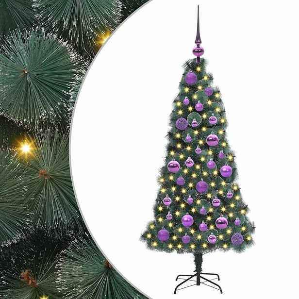 vidaXL Umělý osvětlený vánoční stromeček s sadou koulí Zelená 120 cm