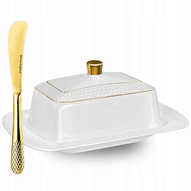 Sada Bílá porcelánová máslenka, Nůž na máslo, Zlatá, máslenka Wilmax