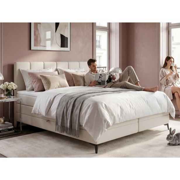 Postel boxspring Bergamo 180x200 cm, světle krémová látka