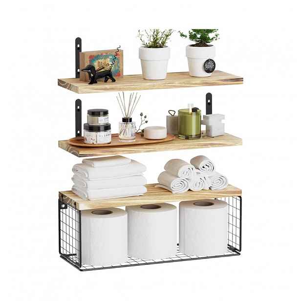 Sada 3 Polic Rustikální Loft Dikom S Košem 40 cm