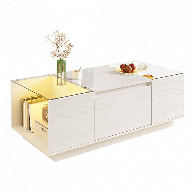 Modfu KONFERENČNÍ stolek z dřevotřísky 105x50x35 cm bílý s LED osvětlením, skleněnou deskou a 2 zásuvkami